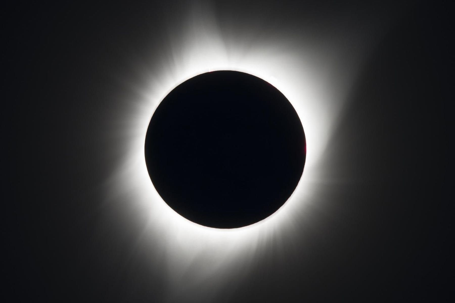 Schwarze Mondscheibe, umgeben von der hell leuchtenden weißen Sonnenkorona bei einer totalen Sonnenfinsternis