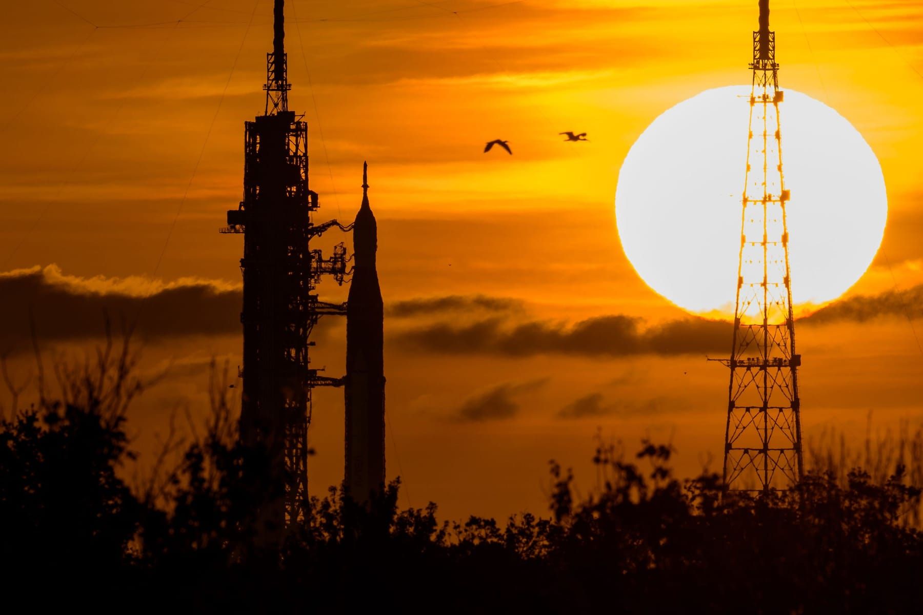 Large, low Sun in an orange sky behind a rocket and launch towers silhouetted above trees