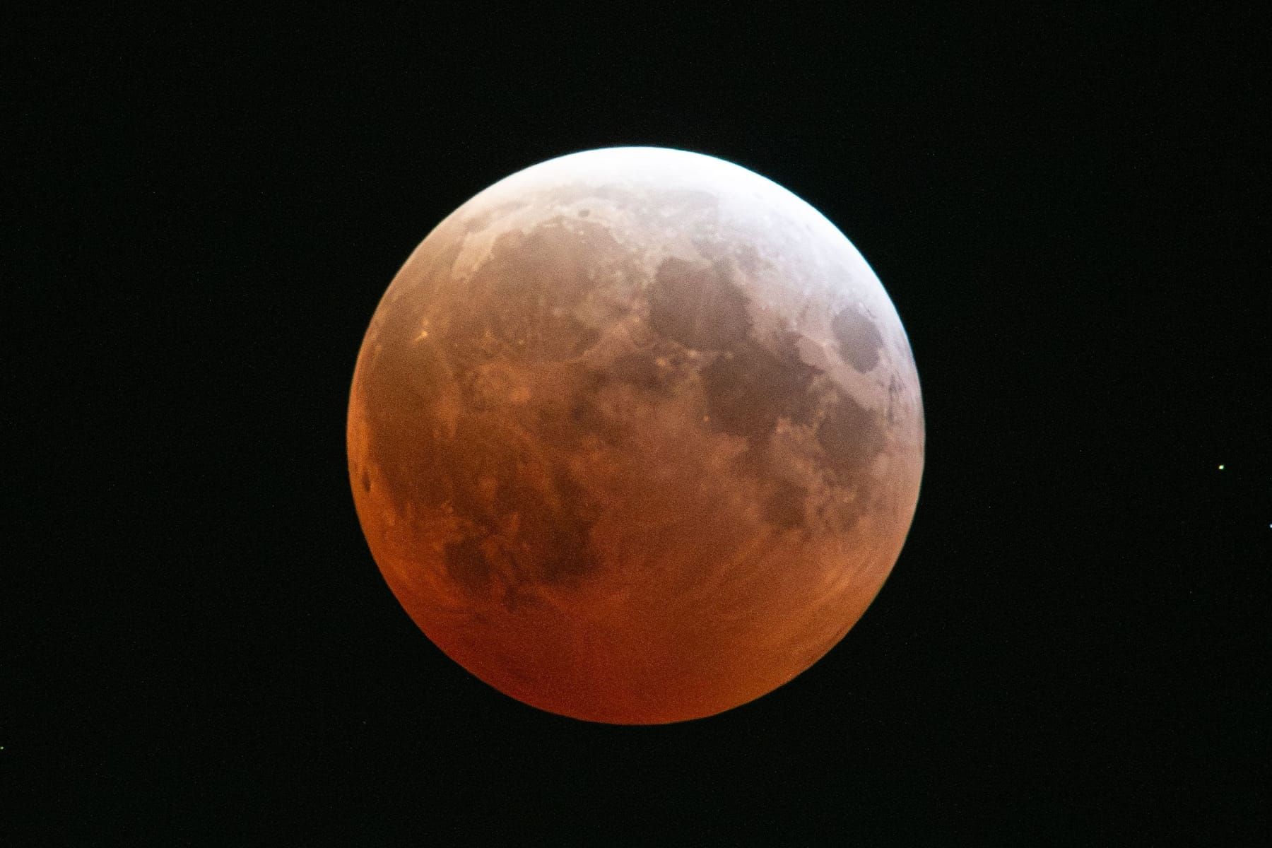 Luna llena de un rojo cobrizo sobre un cielo negro durante un eclipse lunar total